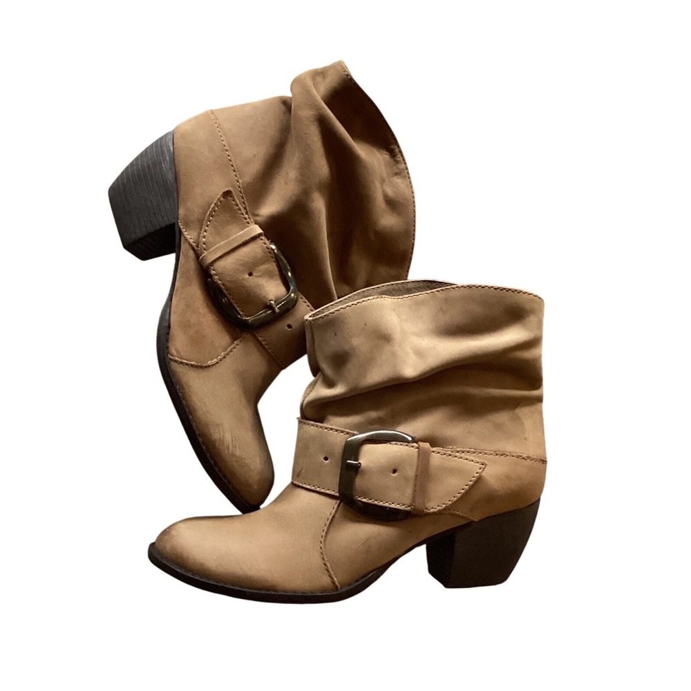 MIA Women's Tan Suede Buckle Ankle Boots Block Heel Slouchy Western
